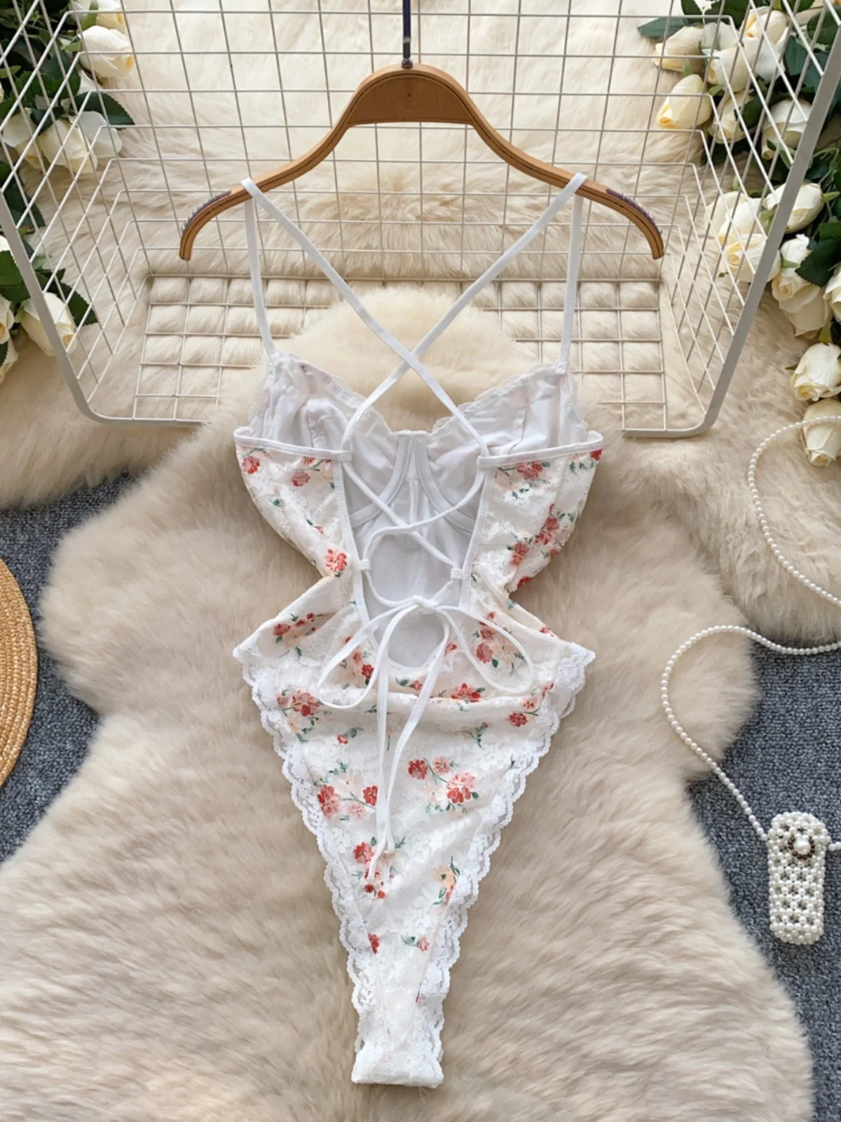 

Pure Desire Sexy Girl Strap Onesie Women Summer Ins Sweet Lace Print Slim Inner Wear Bal Top High Waist ort Pants