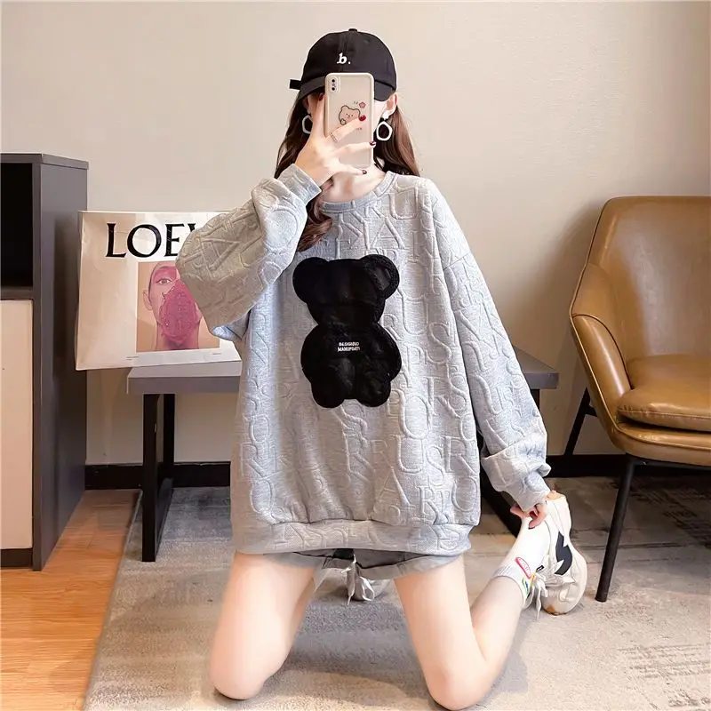 Autumn New Korean Loose Oversized Sweatshirts Female Casual Cartoon O-neck Long Sleeve T-Shirts Women Clothes All-match Top Tee