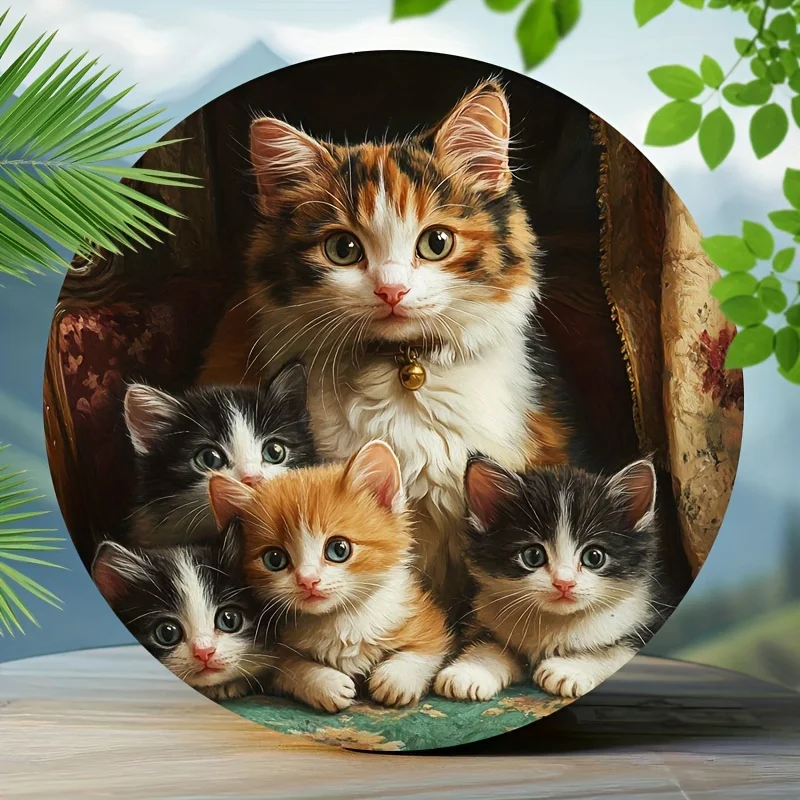 1pc Vintage Calico Cat Design Round Aluminum Sign, 8x8 Inch Humorous Art Metal Plaque for Wall Decor, Ideal for Home, Bar, Festi