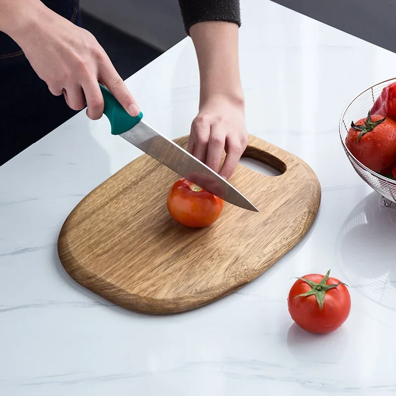 Solid Wood Double Side Oval Cutting Board,Kitchen Countertop Chopping Block with Ergonomic Handle,Hanging Fruit Bread Boards