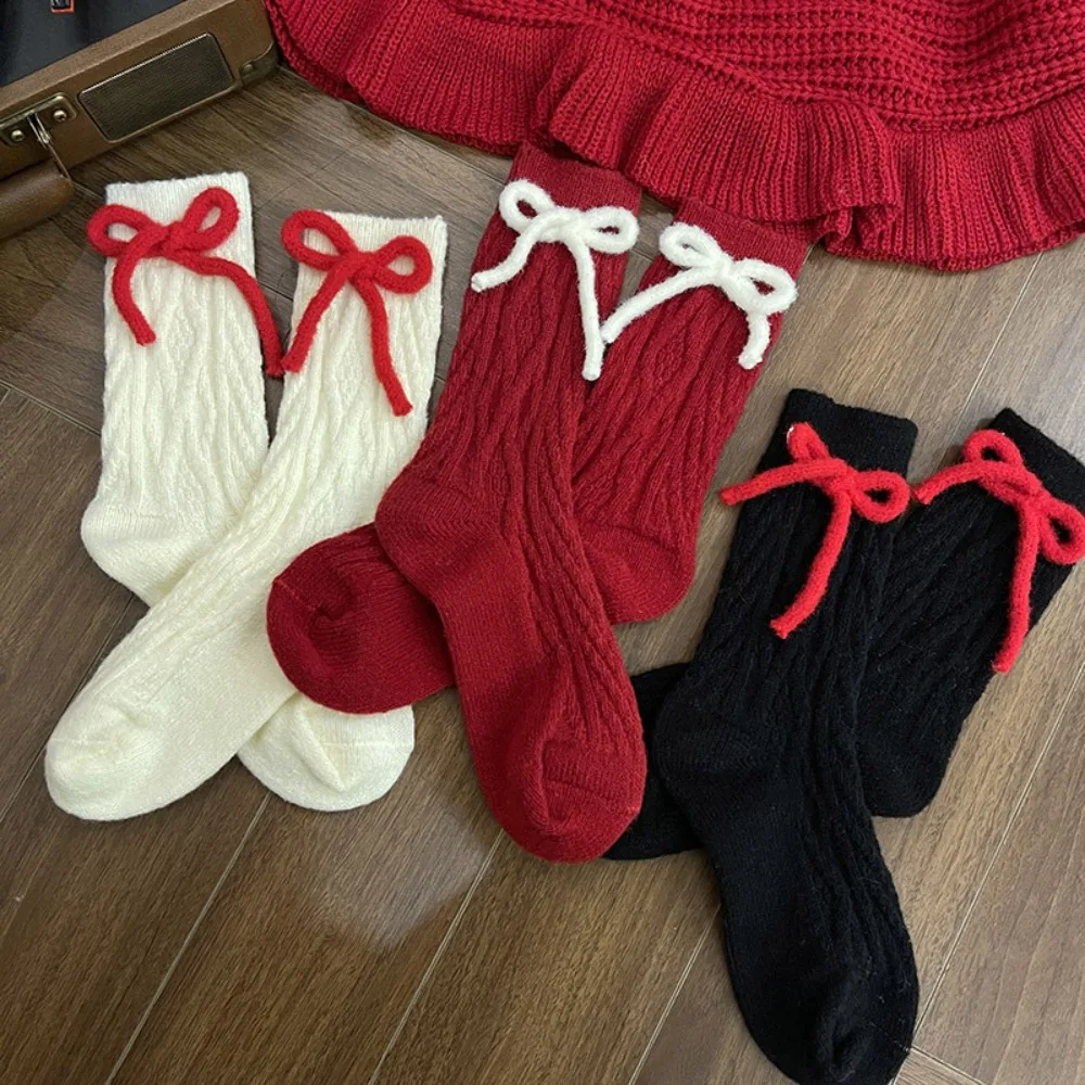 New Nylon Plush Bowknot Socks Solid Color Accessories Calf Socks Sweet Style Socks