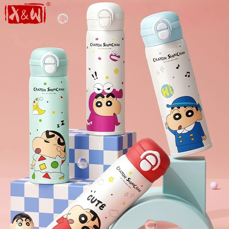 Thermos X&W 500 ml pour Crayon Shin-chan, en acier inoxydable, avec couvercle à bouton en PP, paille, bouteille d'eau portable, pour le sport et le camping