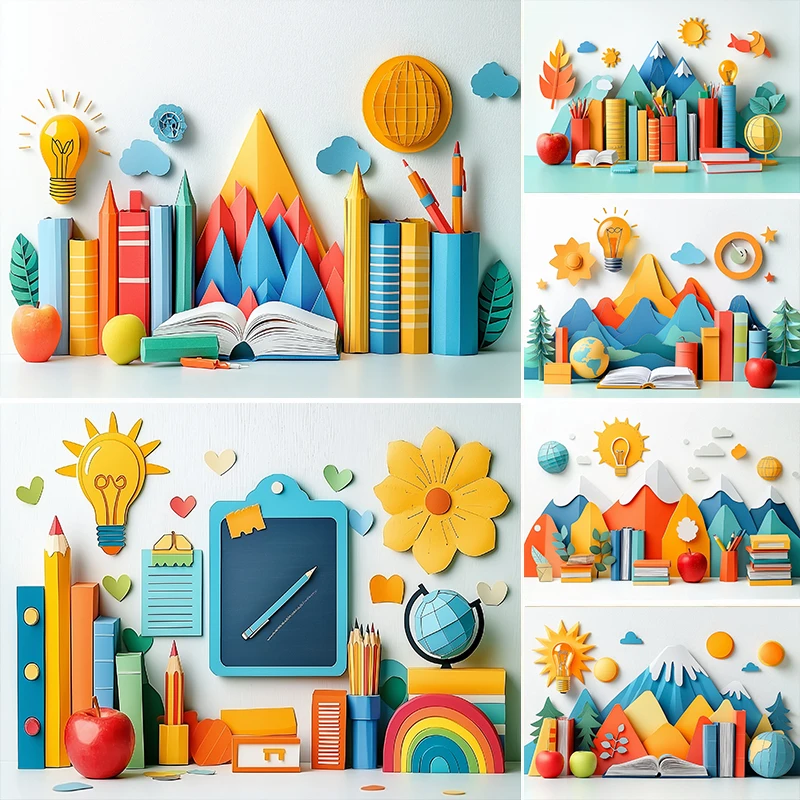 

LS Back To School Photography Background Blackboard Globe Book Student Portrait Background Kid Birthday Cake Smash Photo Studio
