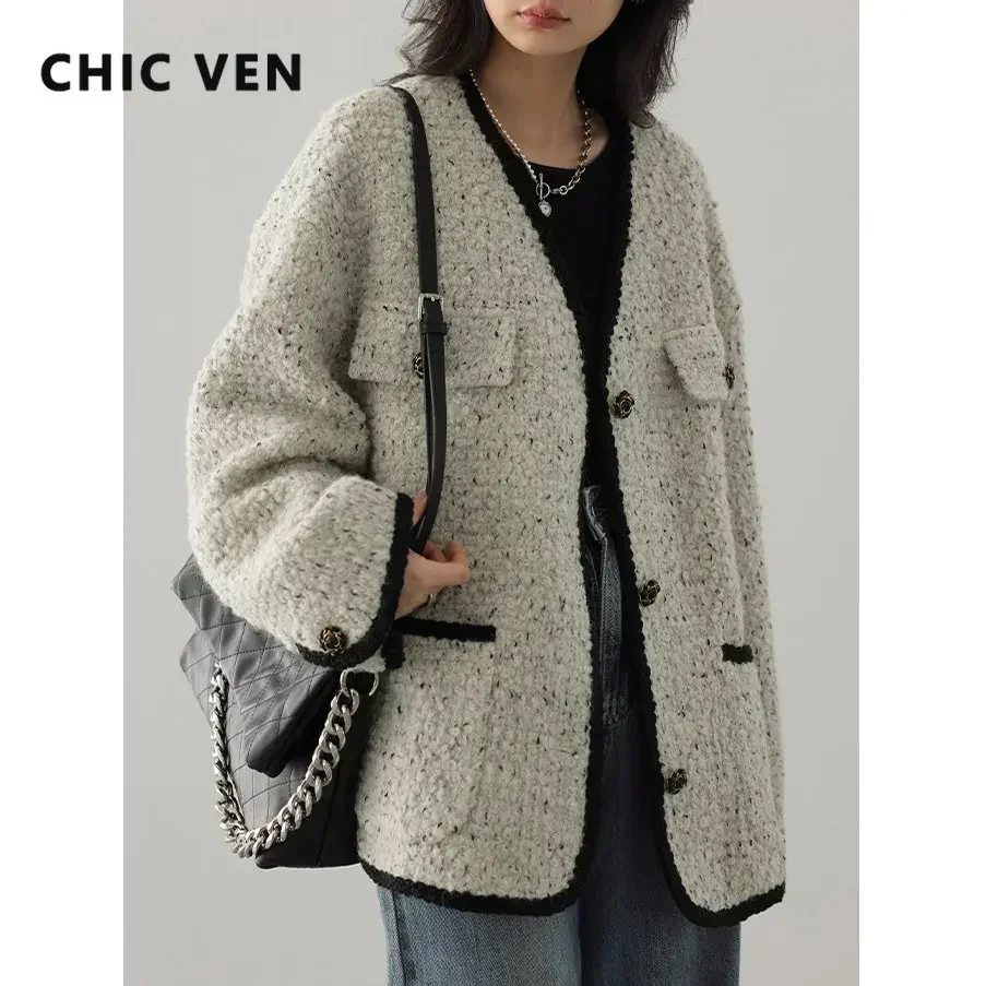 CHIC VEN-abrigo de lana a la moda para mujer, chaqueta Vintage de un solo pecho con cuello en V, abrigo de oficina para mujer, Tops para mujer, primavera y otoño 2023