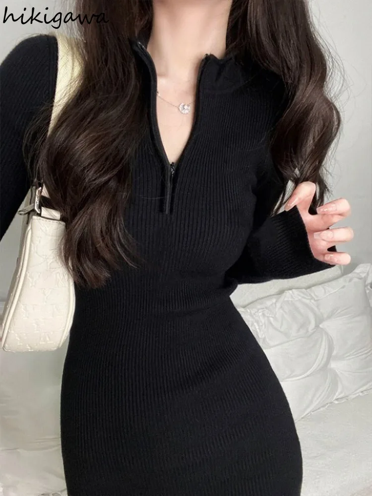 Knitted Bodycon Dresses Women O-neck Zipper Tunic Long Sleeve Black Robe Femme 2024 Vestidos De Mujer Fashion Sexy Mini Dress