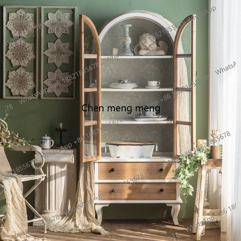 N138  Retro kitchen storage, dining side cabinet, solid wood living room display cabinet