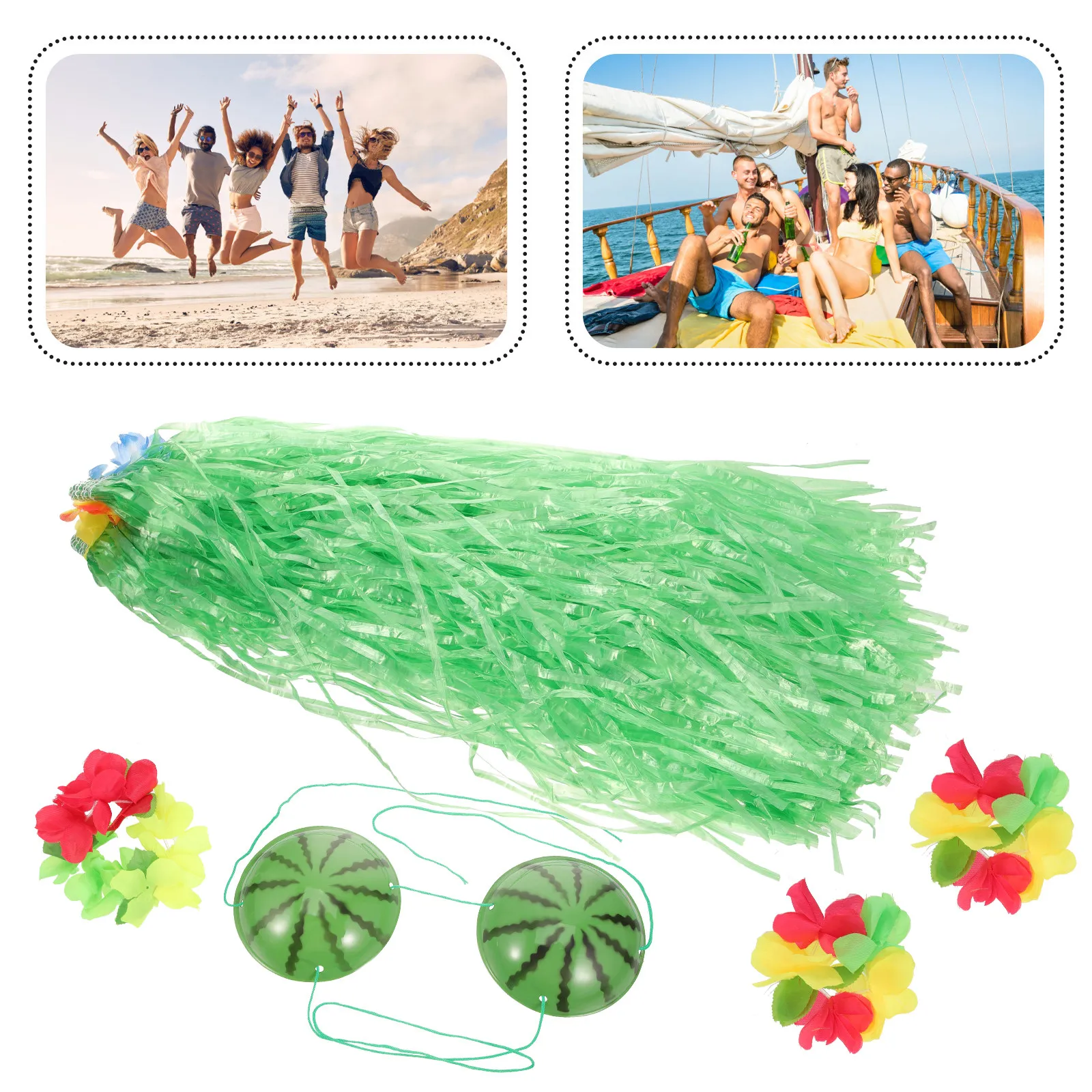

1Set Hawaiian Grass Skirt Watermelon Bra Flower Headband Bracelet Set Fashionable Tropical Party Accessory for Luau Dress Up