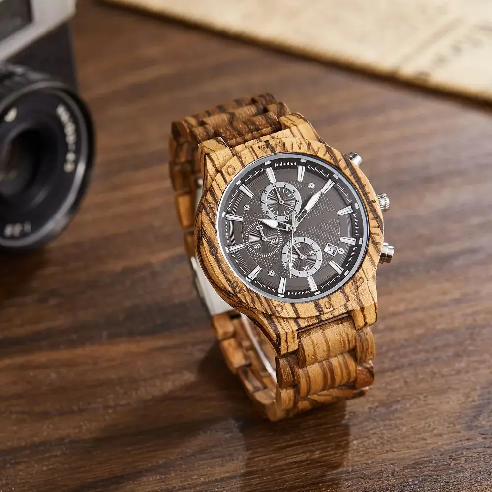 New Fashion Trendy Business Men's Wooden Watch Night Light Calendar Multi functional Circular Dial Wooden Quartz Watch Reloj