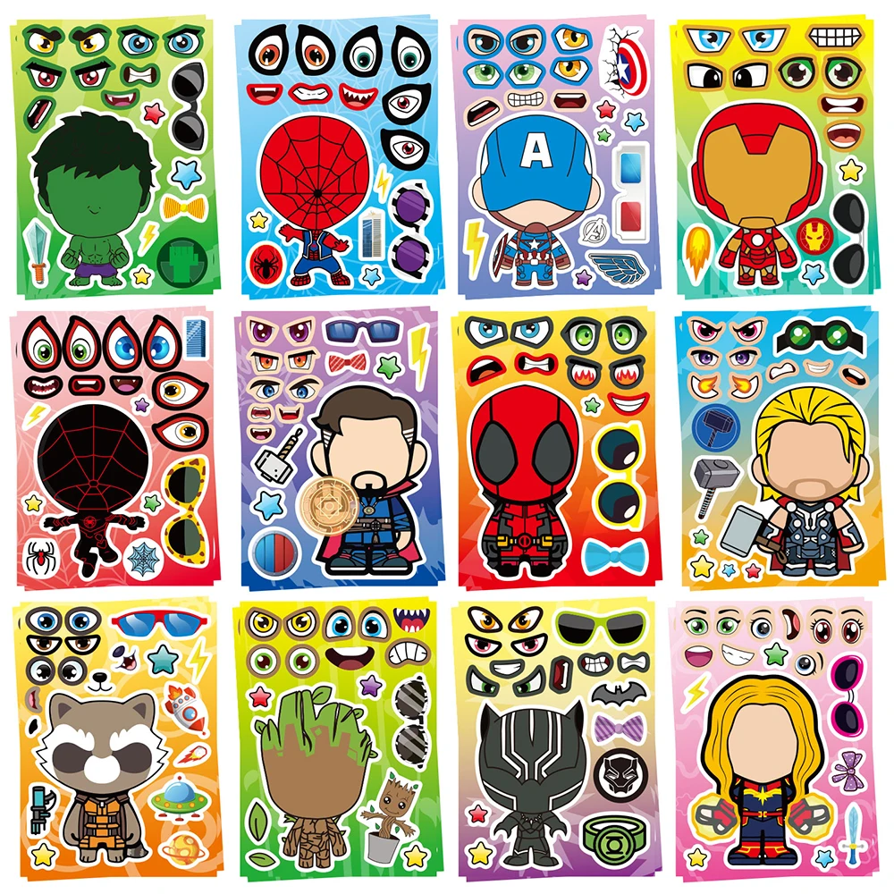 6/12sheet Cool Disney The Avengers Cartoon Puzzle Stickers Make a Face Assemble Jigsaw Educational Toy Children DIY Game Sticker