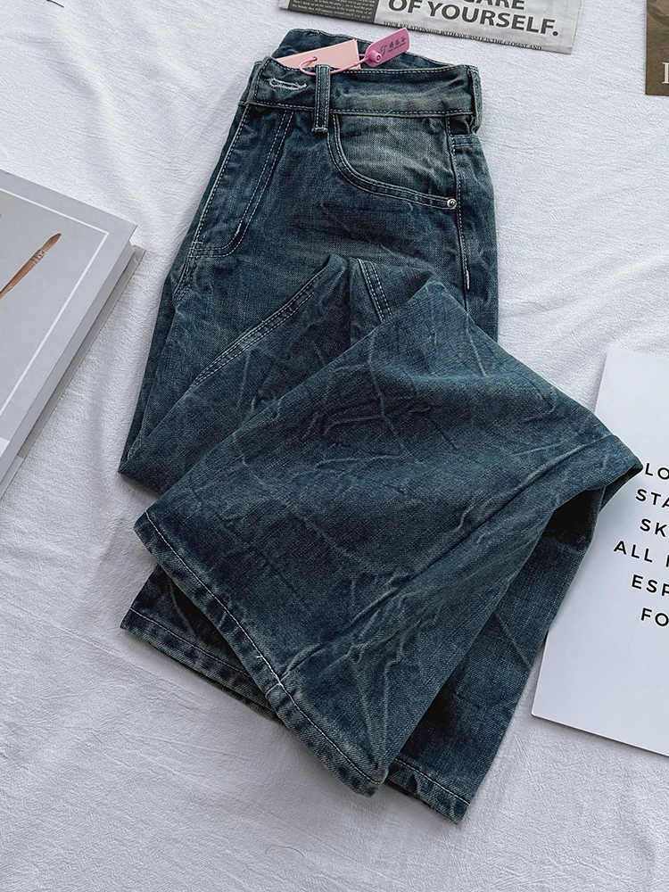 

Retro Waed Wide Leg Denim Jeans Korean Sle High Waist Straight Cut Commute Friendly Slimming Versatile Long Trousers