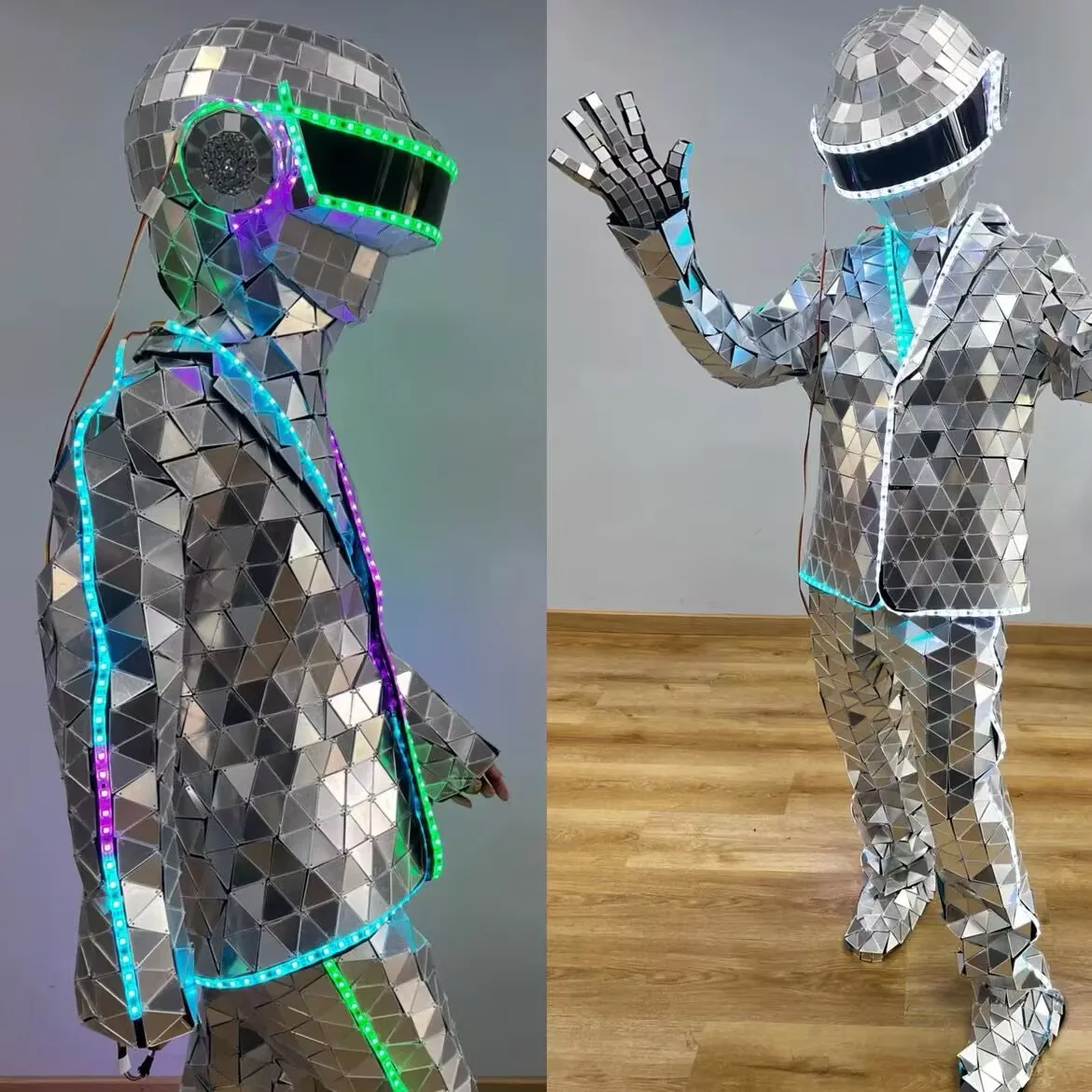 LED مرآة روبوت البدلة رجل قناع زجاجي ديسكو توهج الكبار زي المرحلة فستان أداء هالوين تأثيري عيد الميلاد الملابس الذهب