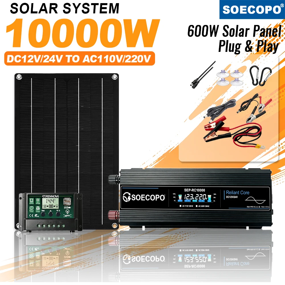 Outdoor Camping Solar Kit DC12V/24V AC110V/220V 10000W Power Inverter 600W Panel 60A MPPT Controller for Travel Emergency Energy