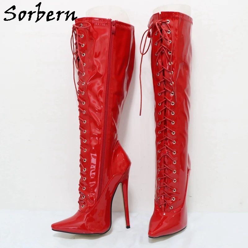 Sorbern Red Patent Lace Up Knee High Boots Women 18Cm High Steep Fetish Shoes Personalized Wide Fit Calf Boots Unisex