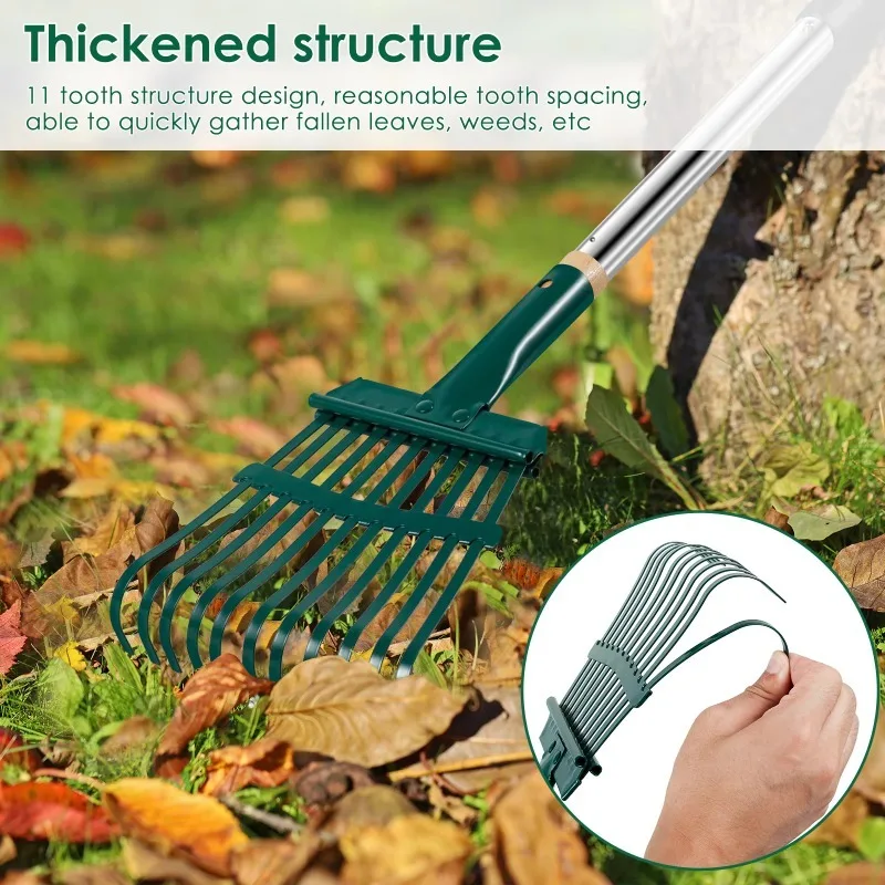 Metal Garden Rake with Long Handle 11 Prongs Adjustable Detachable Leaves Rakes for Yards Shrubs Flower Beds