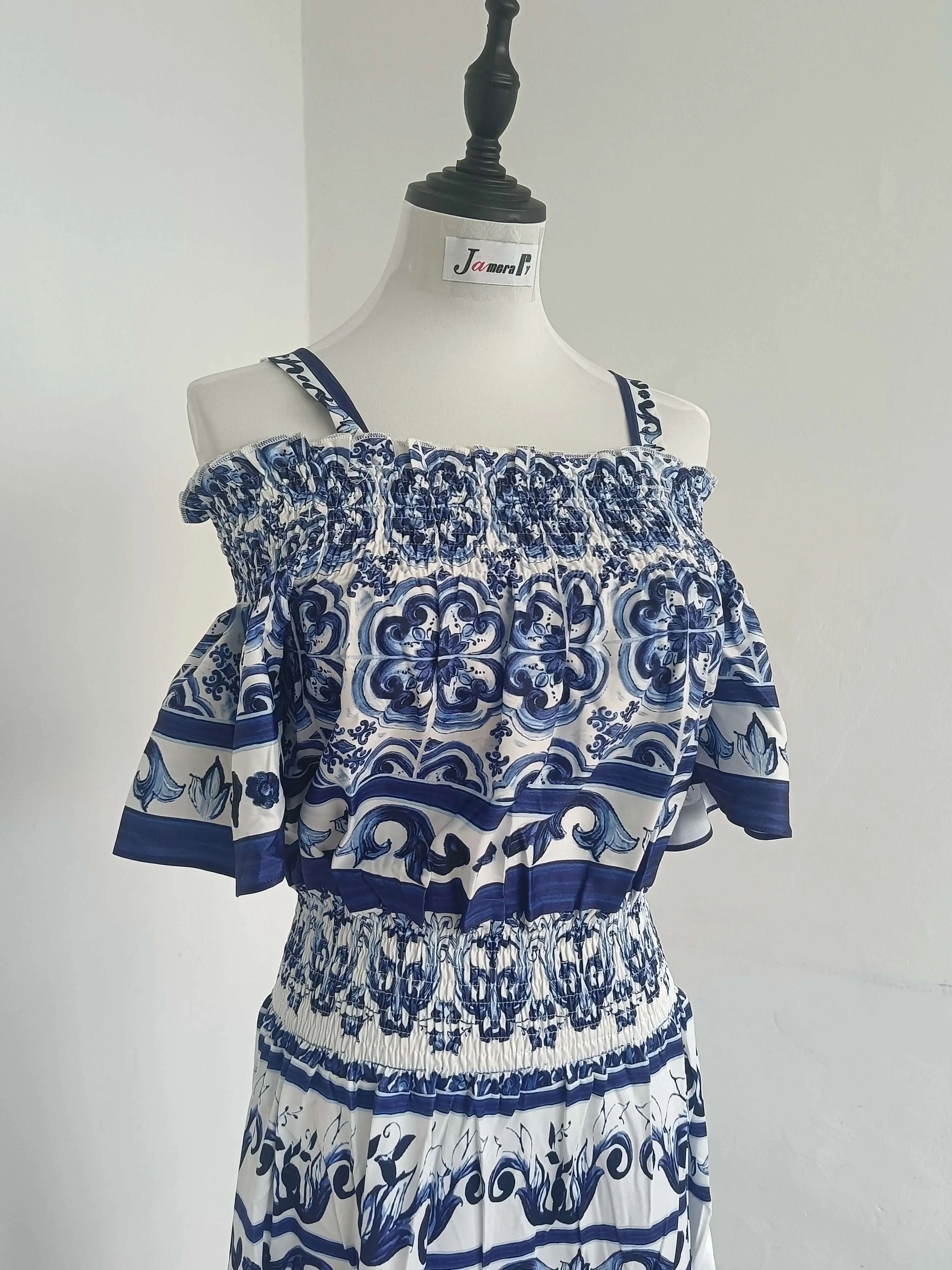 Summer Runway Designer Holiday Cotton Dress Women's Spaghetti Strap High Elastic Waist Blue White Porcelain Print Midi Vestidos