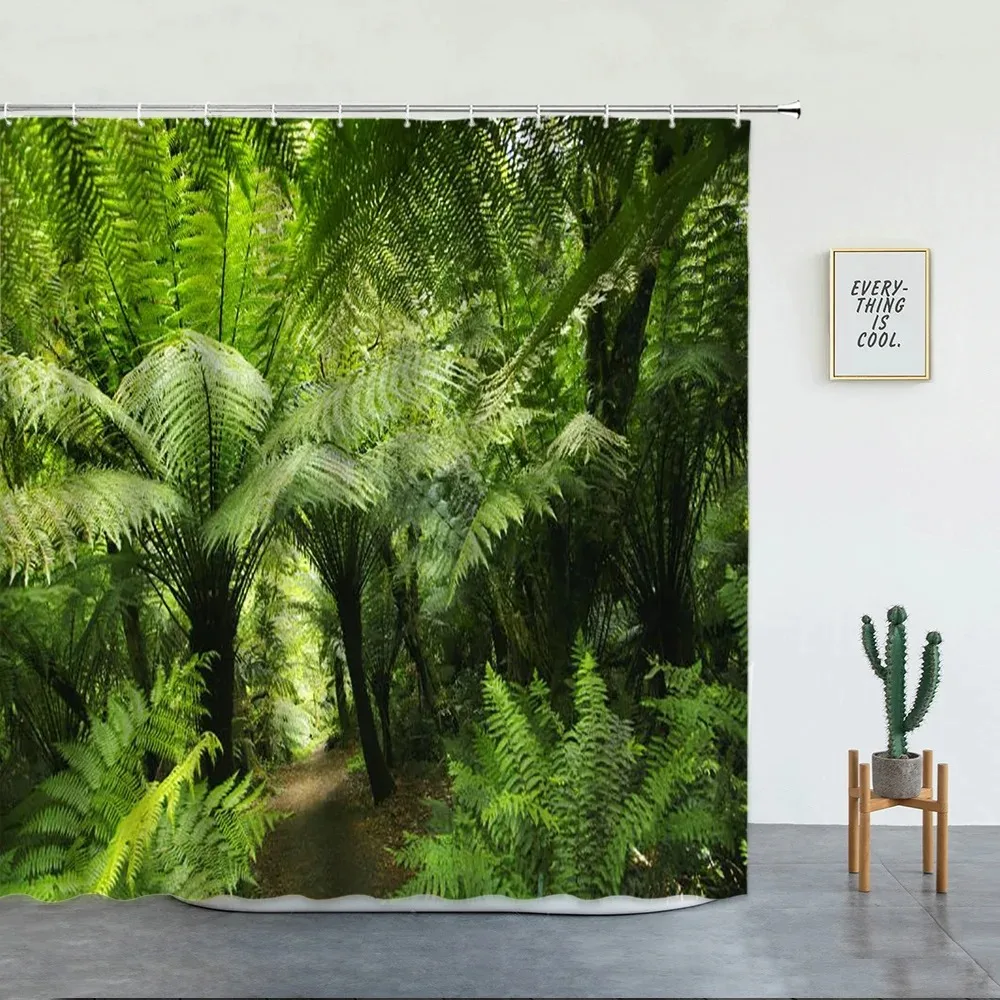 Tropical Rainforest Landscape Shower Curtains Forest Waterfall Beautiful Natural Scenery Luxury Bathroom Decor Screen With Hooks