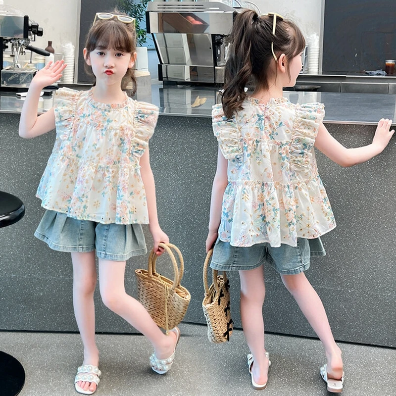 2024 Summer Kids Girls Clothing Sets camicetta floreale a maniche corte + pantaloncini di jeans adolescenti bambino senza maniche Hollowout Fashion