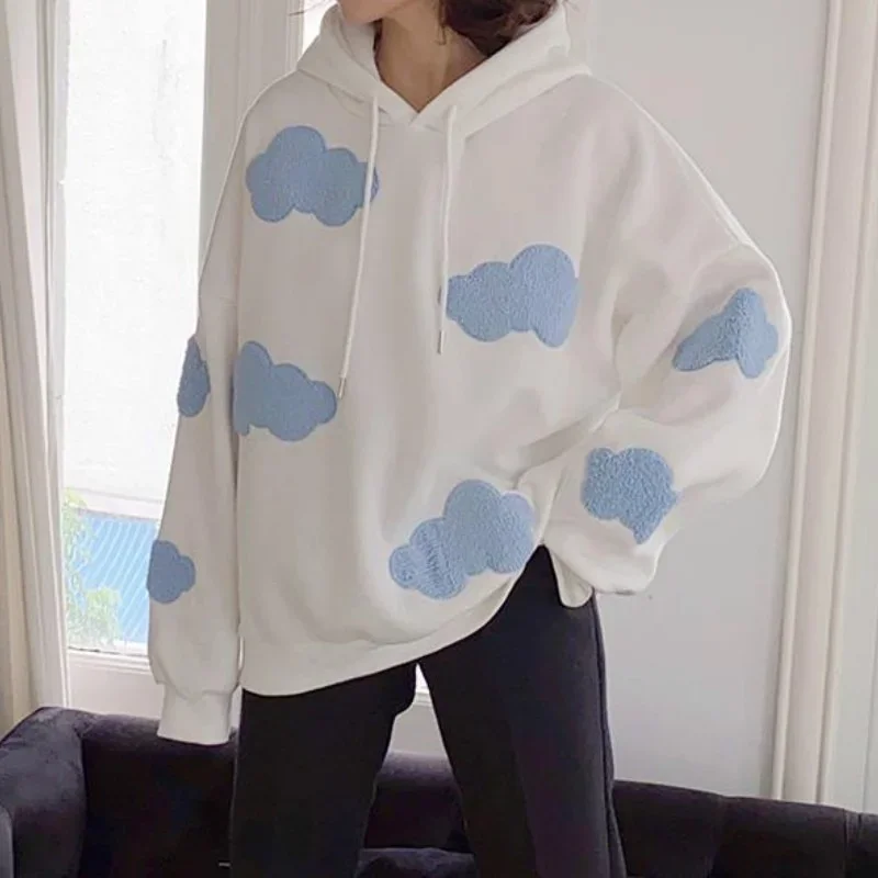 

Women Winter 2022 Fashion Korean Sweatshirt Clouds Pullover Women Plus Velvet Warm Long Sleeve Tops Casual Hoodies Kawaii Female