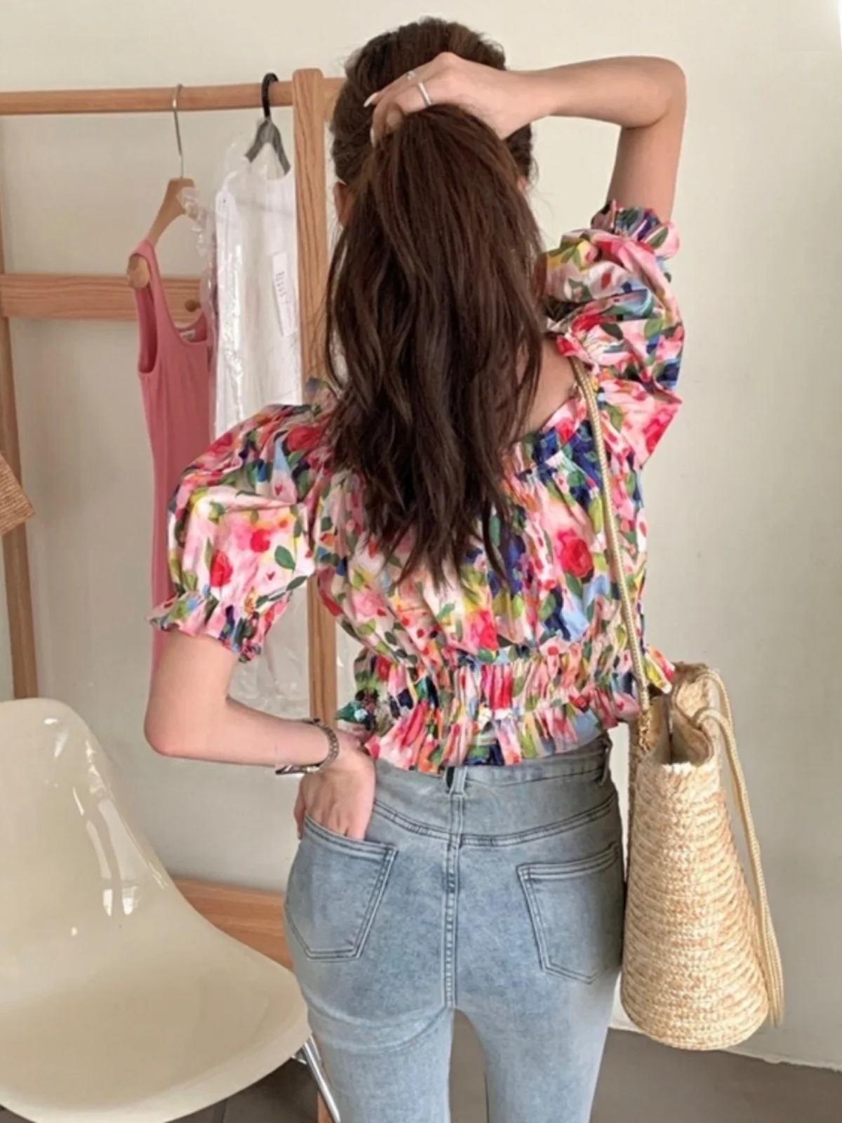 Chic Floral ort irt Women's Bubble Sve Top Sweet Youthful Knot Design Korean Sle Slim Fit Commute Faion Spring Col...