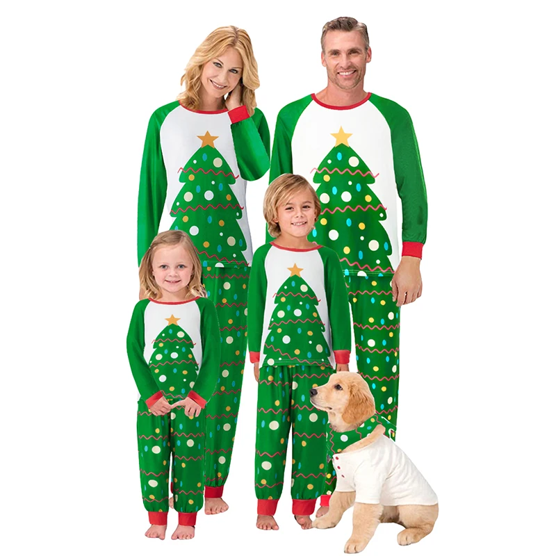 Family Matching Christmas Pajamas Sets with Reindeer Print Tops and Striped Pants for a Festive Holiday Look