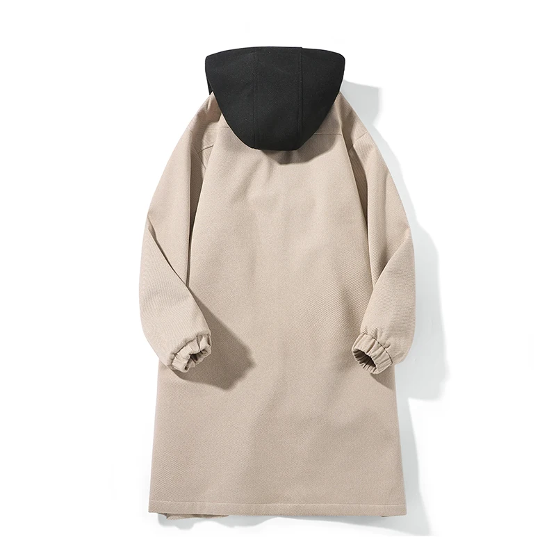 Mens Hooded Trench Coat 2025 Autumn Winter New Style Mid Long Single Breasted Color Block Design New Hot Sale Fashion Outerwear