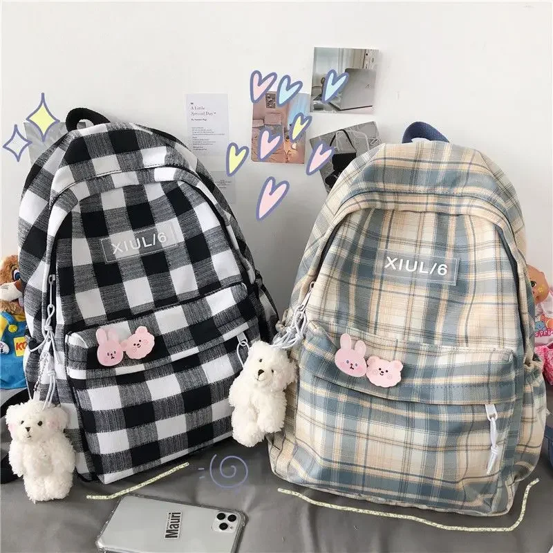 

BOMO Checkered Print Mens Backpacks Fashion Vintage Sweet Cute Backpacks for Ladies Kawaii Casual Versatile Zip Canvas Bag