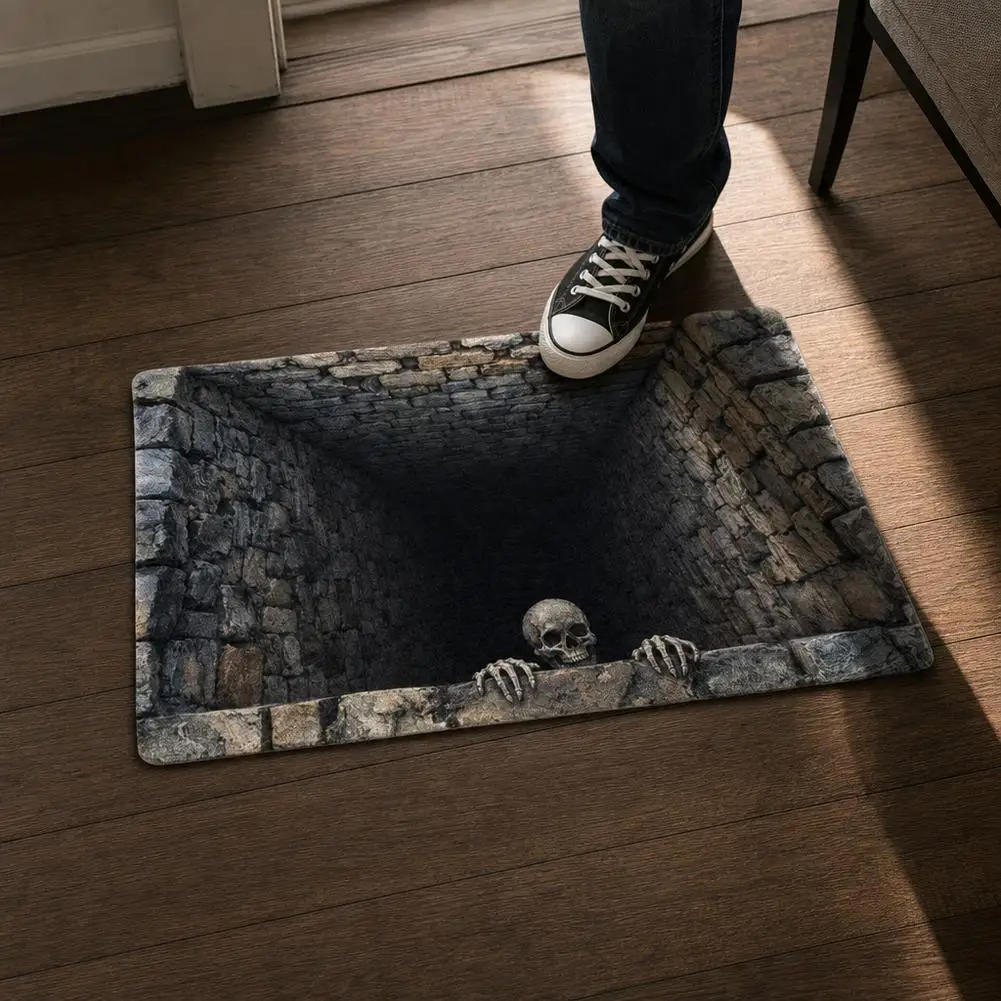 3D Stone Hole Illusion Door Mat Halloween Party Decoration Ultra Thin Water Absorbent Non Slip Floor Mat Easy Clean Bathroom Rug