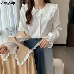 Shirts Women Kawaii Ins Autumn Flare Sleeve Simple Stylish Peter Pan Collar Soft Students Lace Camisas Mujer Patchwork Design