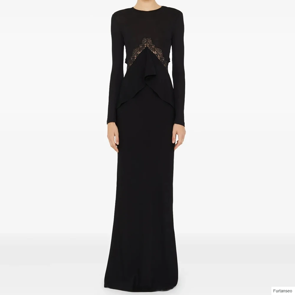 

A-line Women's Evening Dresses Floor-length O-neck Full Sleeve Prom Gown Fashion Lace Simple Draped Backless Customized Gowns