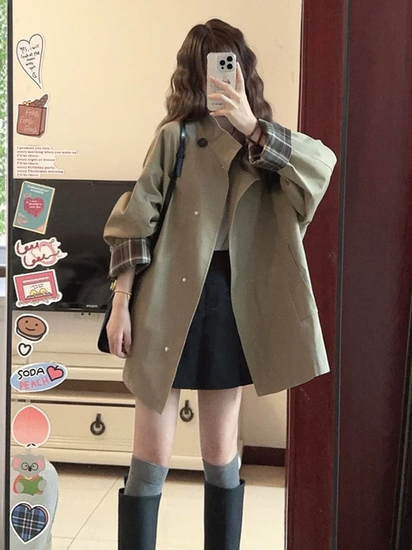 

Kaki Short Coat Jacket Women's Plaid Workwear Stylish Miniature High-End Feel Trending Now Pure Color Loose Fit Long Sleeve