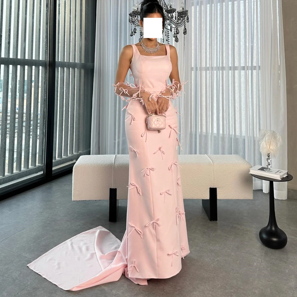 

Sheath Square Neck Elegant Pink Satin Evening Dress Floor Length Sleeveless Panel Traina Pleats Bow Bespoke Occasion Gowns 2024