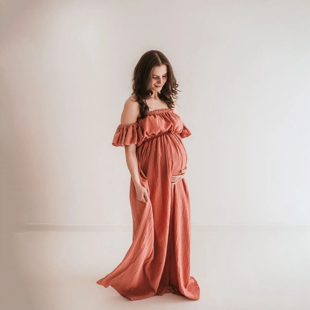 Maternity Photography Props Boho Long Gown Pregnancy Photo Shoot Outfit Linen Cotton Off-Shoulder Dress Studio Posing Clothing