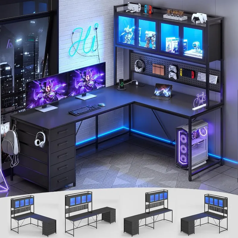 

L Shaped Gaming Desk with Drawers, L Shaped Computer Desk with Hutch and Storage Shelves, Gaming Desk with Pegboard, Led