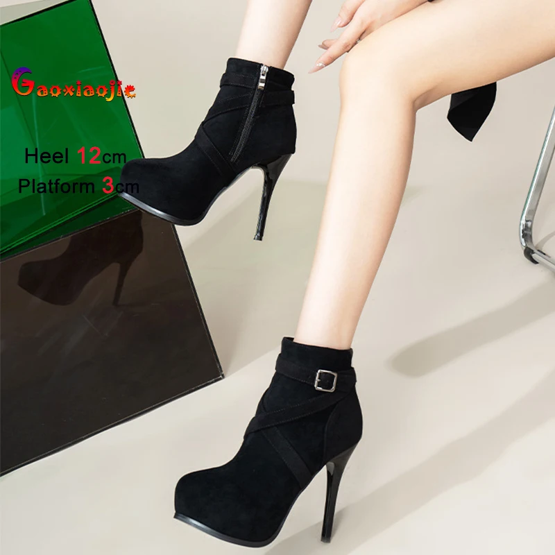 

Новая женская обувь, модные женские полусапожки на очень высоком каблуке 12 см, непромокаемые ботильоны для ночного клуба, кожаная пряжка на платформе, универсальные ботильоны