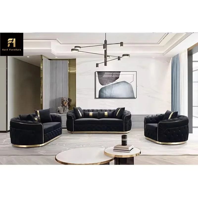 Modern Luxury Custom Wooden Frame Sofa Velvet Fabric Button Tufted Sofa Set Premium Living Room Furniture for Home Villa
