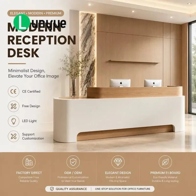 Modern MDF Reception Desk Custom Logo Office Hotel Mall Front Counter Furniture Durable Professional Business Lobby Table