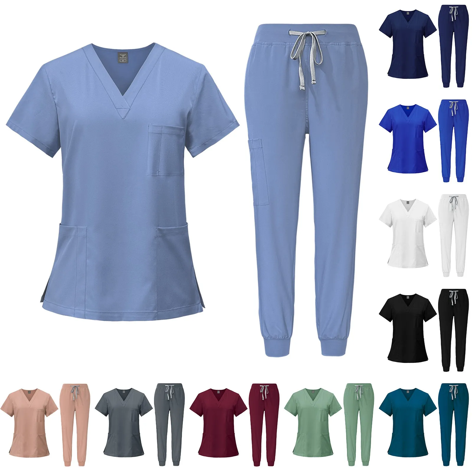 Comfortable Scrubs Uniform Medical Nursing V Neck Top Jogger Pants Healthcare Workwear Multi Color Set Medical Uniform Women view 2