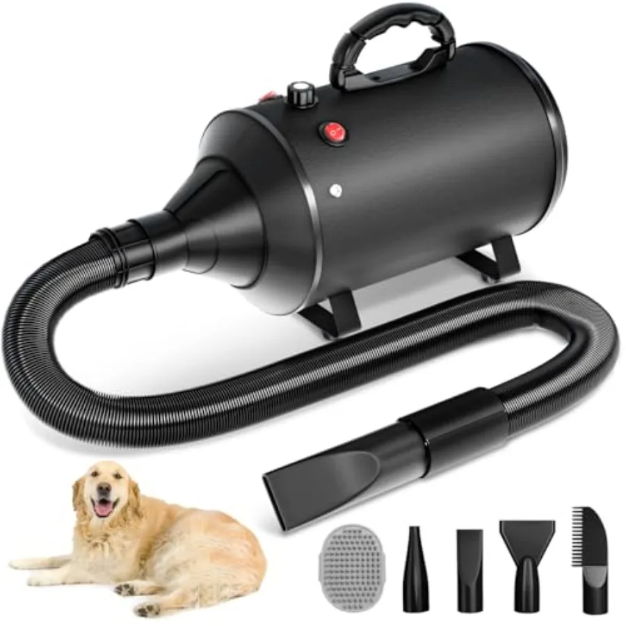 

Высокоскоростная фен-сушилка для собак 5.2 л.с. 3800 Вт с регулировкой скорости и температуры, утолщенная ручка, низкий уровень шума, для груминга, черная, 4 режима