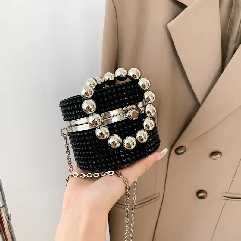 

Fashion Evening Bag For Women Black Silver Rivet Circular Clutch Bags Women's Chain Messenger Bag Fashion Diamond Shoulder Bag
