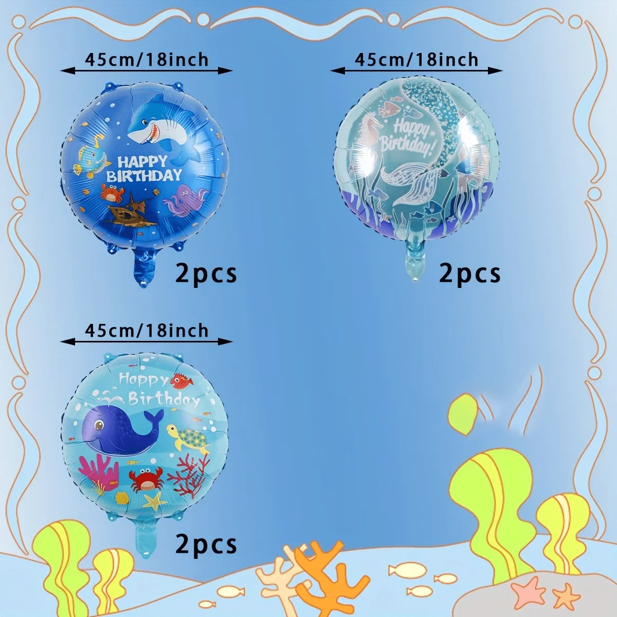 6pcs Ocean Theme Party Balloons Set Mermaid Shark Whale Designs Birthday Underwater World Celebrations Summer Party Decorations view 2
