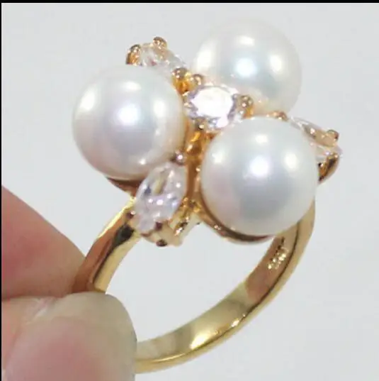 Fashion 18K Gold Plated 8mm South Sea Shell Pearl /Jade Ring Women Rings