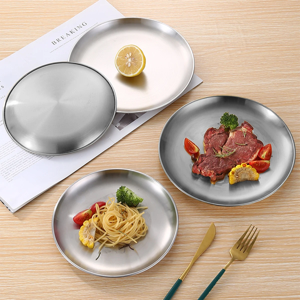 

6pcs Korean silver barbecue plate, stainless steel dessert plate, thickened edge, appetizer, multi-purpose tableware