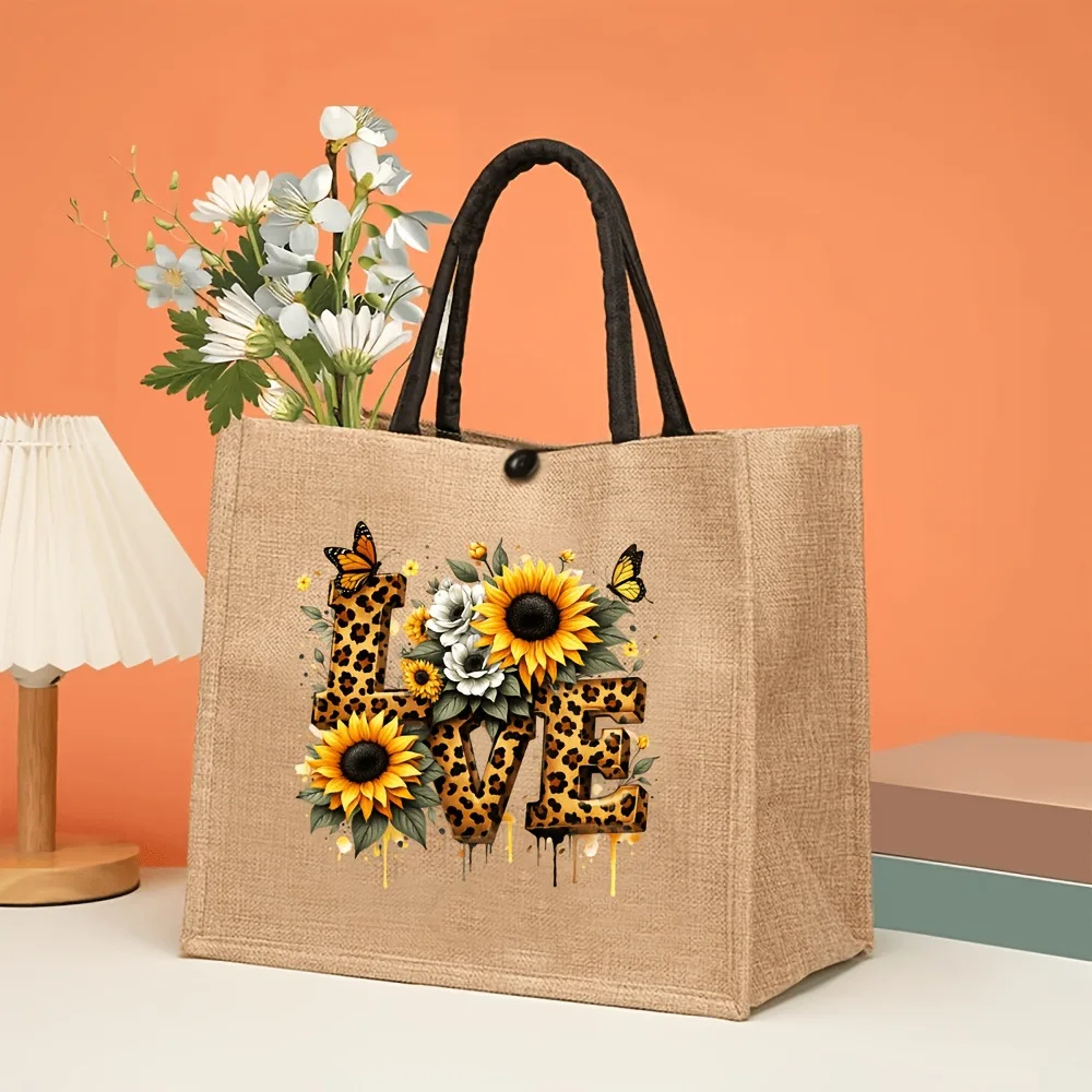 2026 New Sunflower LOVE Jute Tote Bag Women, Large Capacity Printed Handheld Sack Purses and Handbags