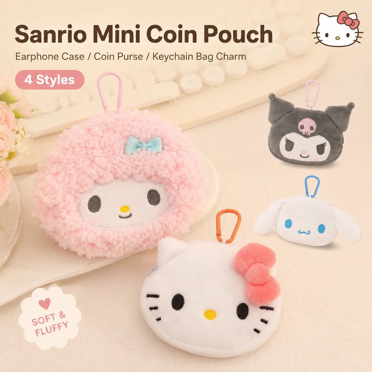 2026 Trendy Sanrio Cute Hello Kitty Cinnamoroll Sweet Piano Makeup Pouch Earbud Storage Bag Backpack  Pouch Girl Holiday Gift