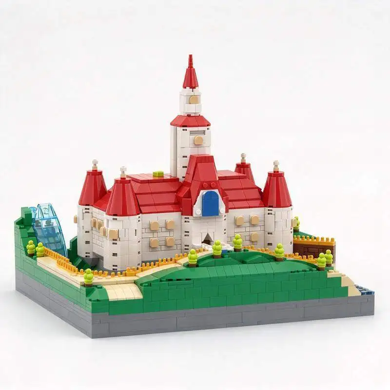 2383PCS MOC Royal Dream Castle Scene With Red Roof Towers Green Lawn Moat And Trees Building Blocks DIY Assembly Model Gift