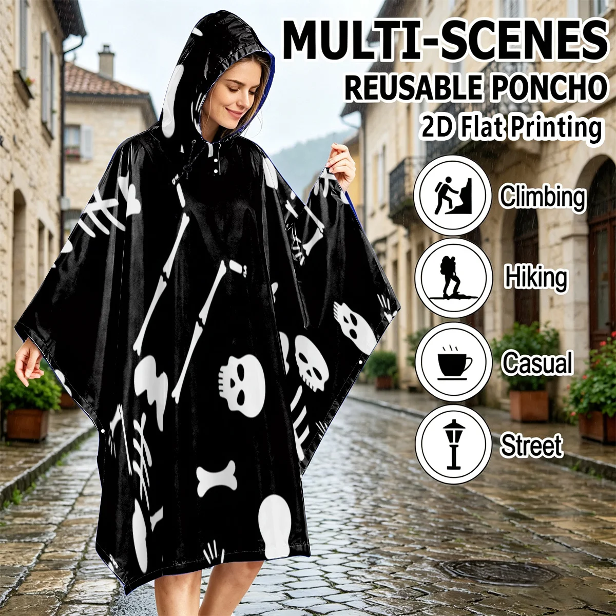 2D FLAT Printing 1pc Cycling Rain Poncho White Skeleton Bones On Black Background, High Quality Adult Outdoor Raincoat