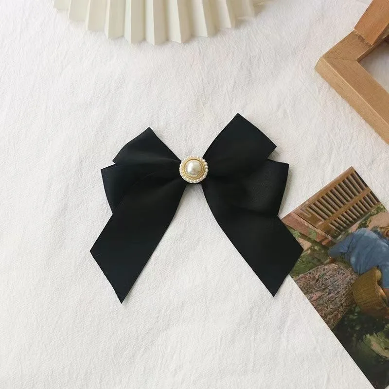 Black Satin Ribbon Bow Brooch Pearl Floating Tie Tie Flower College Style Pin Small Clothing Decoration Accessories