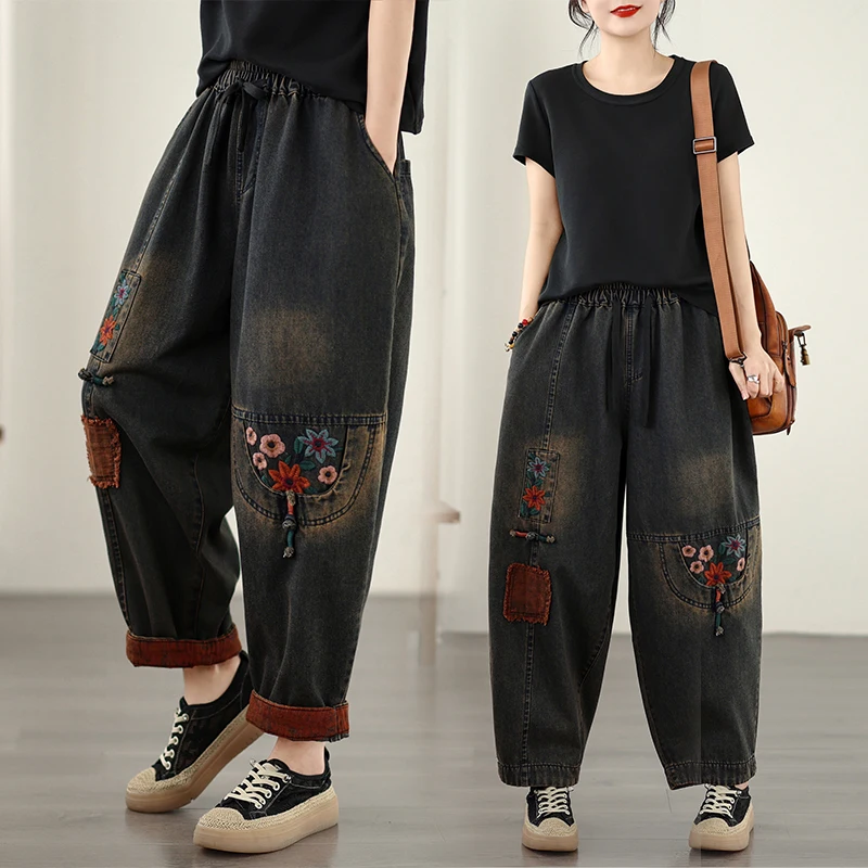 

Женские повседневные джинсы больших размеров с вышивкой, брюки-харланы с высокой талией, прямые штанины, весна-осень, новые, удобные, для повседневной носки