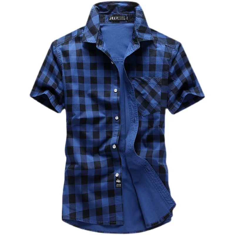 New Summer Men Short Sleeved Plaid Shirts New Fashion Man Outdoor Casual Cargo Shirts Good Quality Male Cotton Shirts Size 5XL