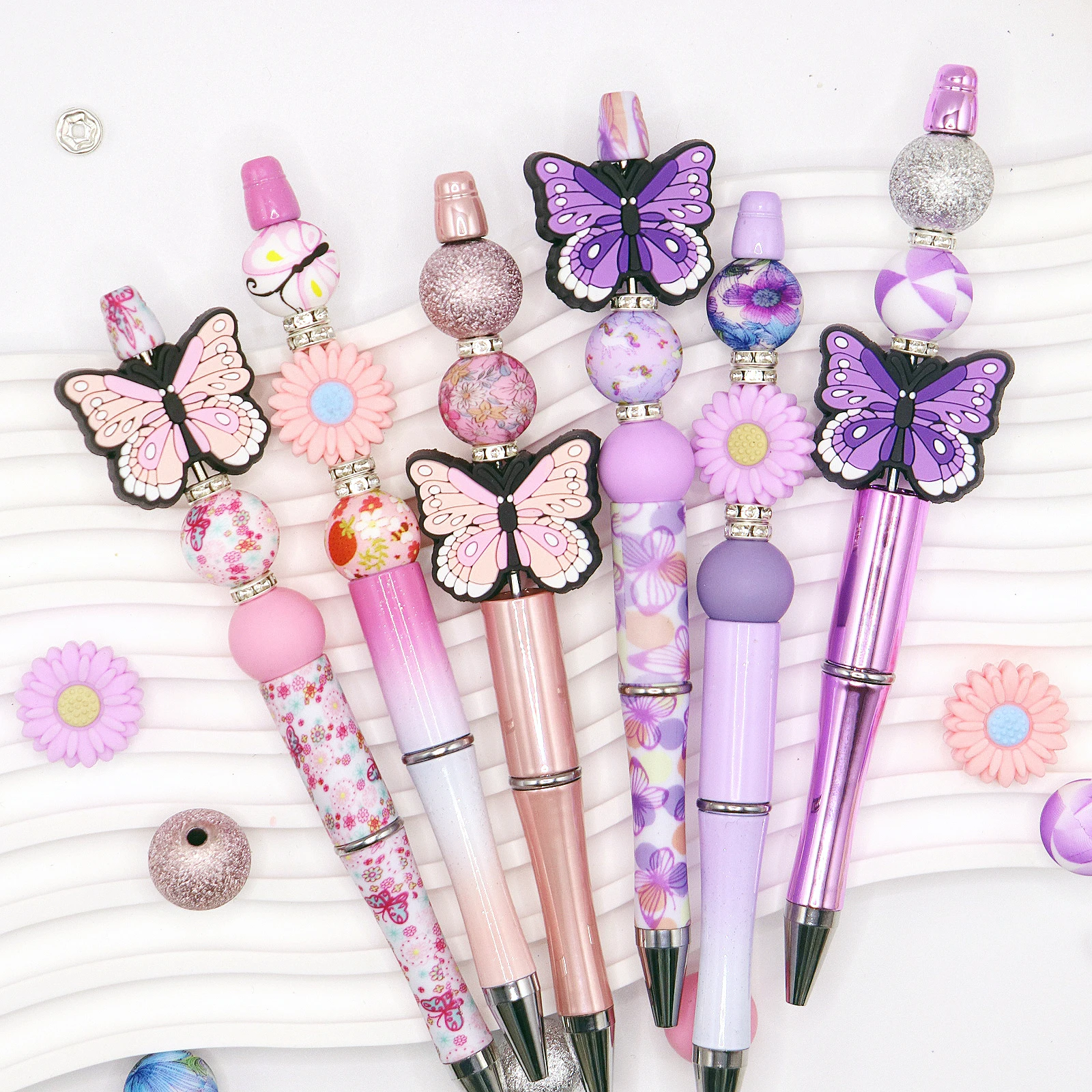 

6Pcs Spring and Summer Pink Purple Gradient Butterfly Theme DIY Beaded Pen Silicone Bead Set DIY Beading Supplies